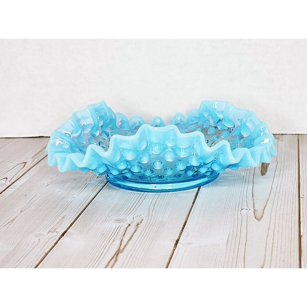 Vtg Fenton, Aqua Blue Opalescent, Hobnail, Round, Crimped, Ruffled, 5” Bowl